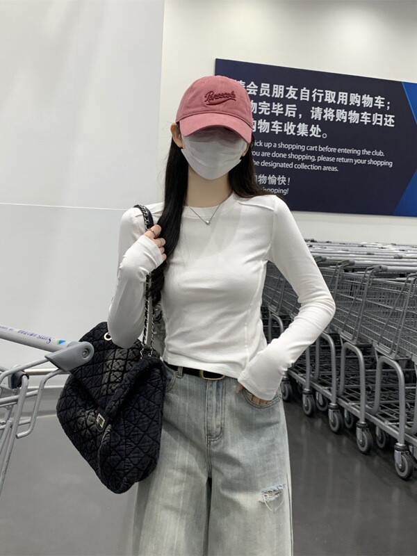 白色T恤女设计感鱼骨正肩打底衫春秋季简约基础款内搭长袖上衣潮|undefined