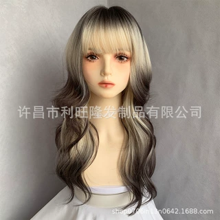 跨境欧美假发女士黑白渐变长卷发自然发尾微卷大波浪时尚化纤头套