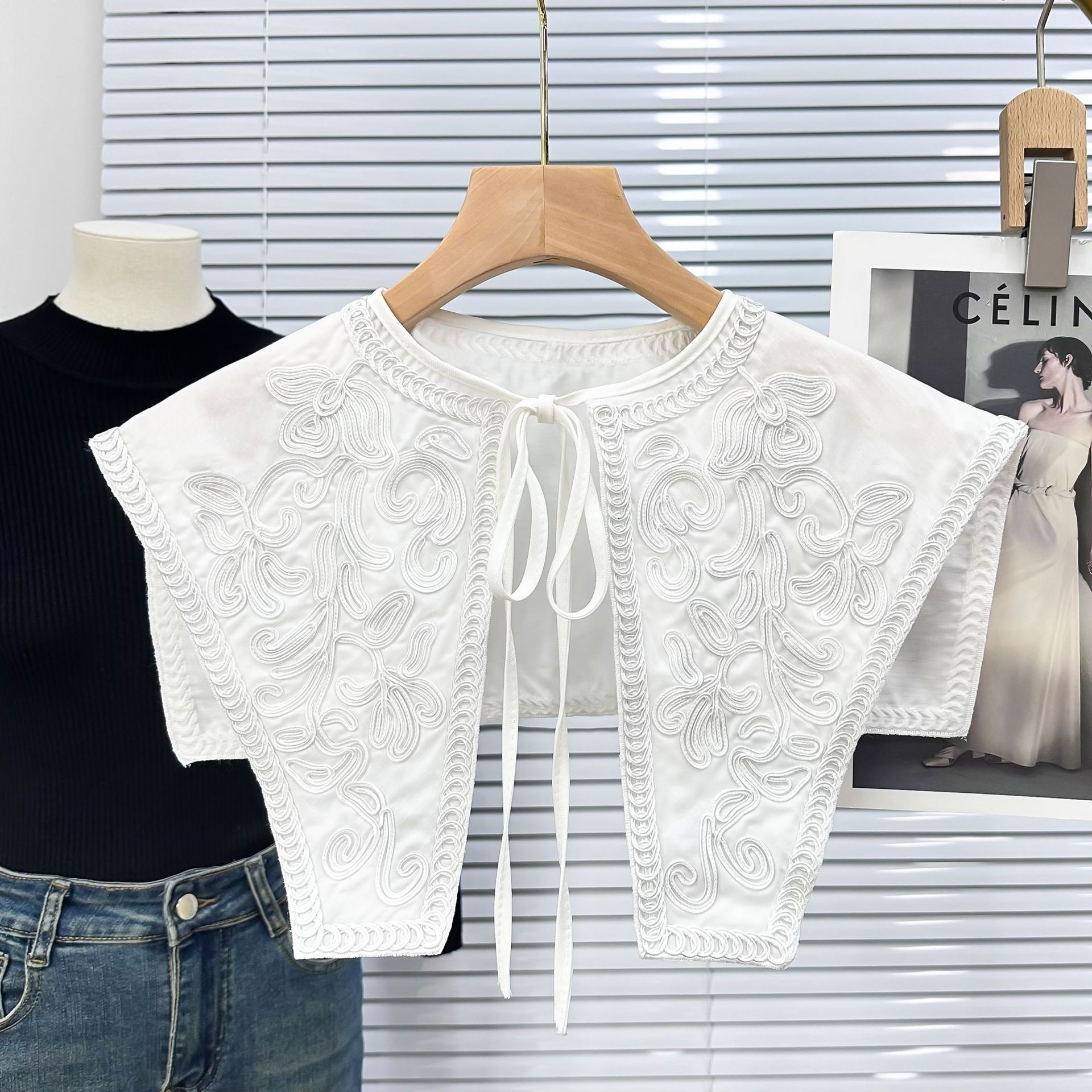 Chal grande bordado con cuello falso blanco, camisa de manga corta de verano, accesorios de bricolaje de todo fósforo