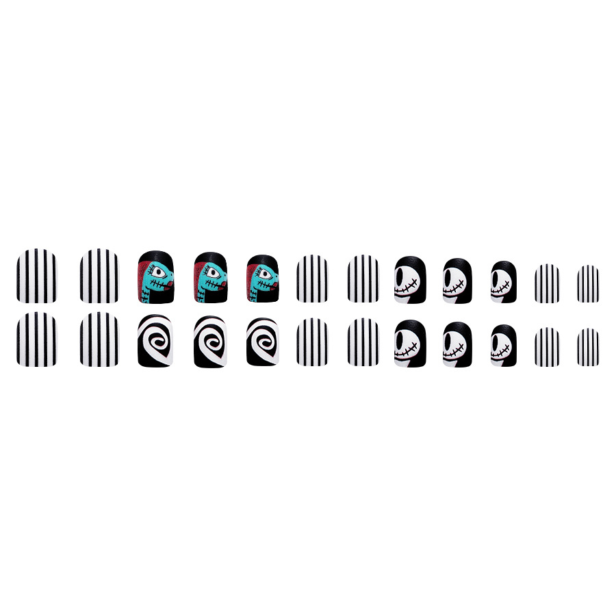 Armure carrée courte givrée Halloween crâne mignon visage étrange rayures noires et blanches portant un patch nail art commerce extérieur 24 pièces_voghion.com