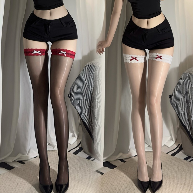 Aurora Ultra-thin Invisible Lace Bow Contrast Color Half Knee-length Oil-glossy Long Stockings High Stockings Red Sling