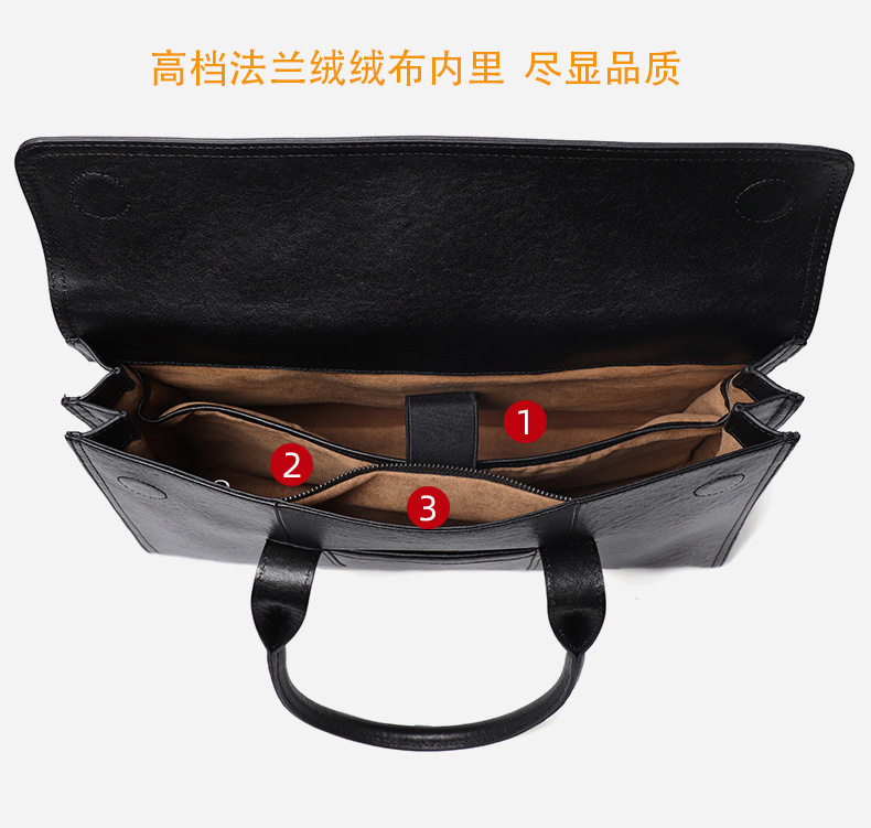 Túi xách tay nam da bò thật vân chạm nổi, túi đeo chéo một vai kiêm cặp tài liệu công sở 39×9×29 cm — Vải nhung flannel cao cấp thuộc da thực vật, Màu đen vỏ cây chi tiết 11