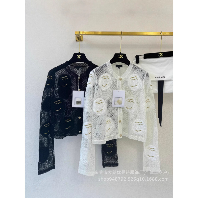 Shenzhen Nanyou High-Quality Version Ch Brand 25 Early Autumn New Solid Color Letter Hollow-Out Round Neck Long-Sleeve Knitted Cardigan