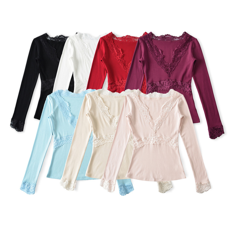 Ap26036-26 Spring Style V-Neck Lace Long-Sleeve Layered Mesh Lace Patchwork Pullover T-Shirt Top Ap26036-26 Spring Style V-Neck Lace Long-Sleeve Layered Mesh Lace Patchwork Pullover T-Shirt Top