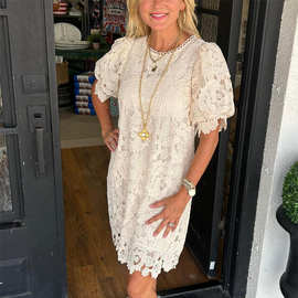 跨境 2024夏季新款亚马逊外贸欧美女士蕾丝短袖连衣裙女装