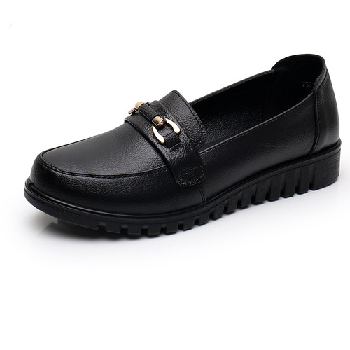 Mom's shoes, spring and autumn leather shoes, genuine leather soft soles, non-slip, middle-aged and elderly women's single shoes, flat soles, comfortable for work, black