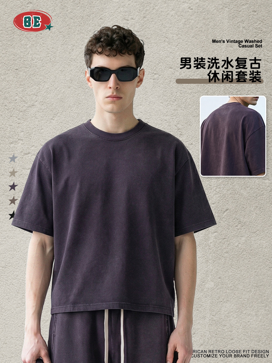 Be Hombres| Retro americano lavado en agua camiseta de mangas cortas cimetiera pantalones rectos BOXY dos piezas para hacer viejo conjunto casual