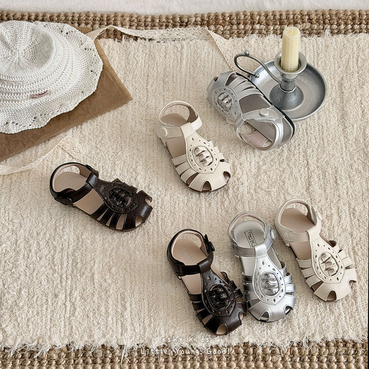 Xshx Woven Retro | Girls' Roman Sandals with Hollow Design for Spring and Summer, Natural Rubber, Non-Slip, Soft Sole, Breathable