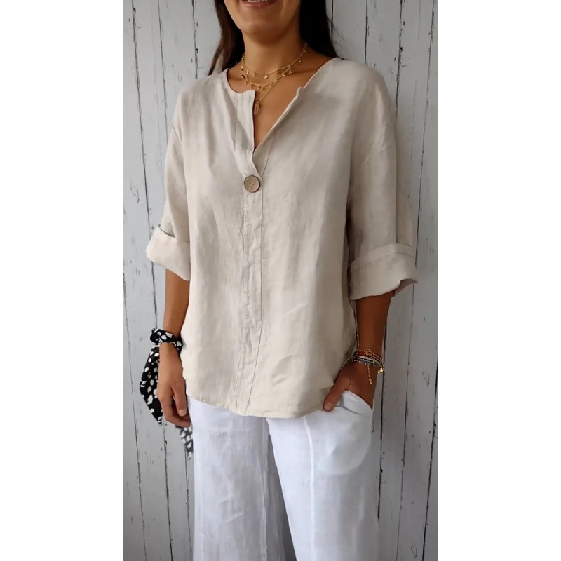 Women's Autumn Loose-Fitting Cotton Linen T-Shirt With V-Neck And Buttoned Design, Available In Plus Sizes For Wholesale_ecoleips.com