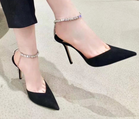 Spring and Summer 2023 New Style High-heeled Shoes with Pointed Toe Crystal Diamond Chain All-match Stiletto Heel Sandals Women's Toe Single-layer Shoes