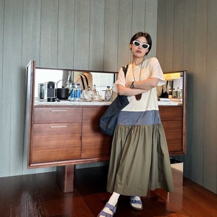 Nanyou High-End Version Japanese-Style Color-Blocking Patchwork Dress Made of Different Materials, Loose, Casual, Comfortable, and Long