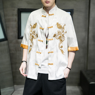 Summer Chinese Style Men's Embroidered Short-Sleeved Shirt Men's Retro Tang Suit Hanfu Three-Quarter Sleeve Shirt Jacket