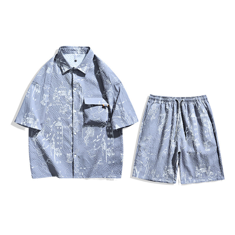 2024 verano nueva camisa de espuma de manga corta + pantalones cortos para hombres camisa de manga de cinco puntos + cinco puntos