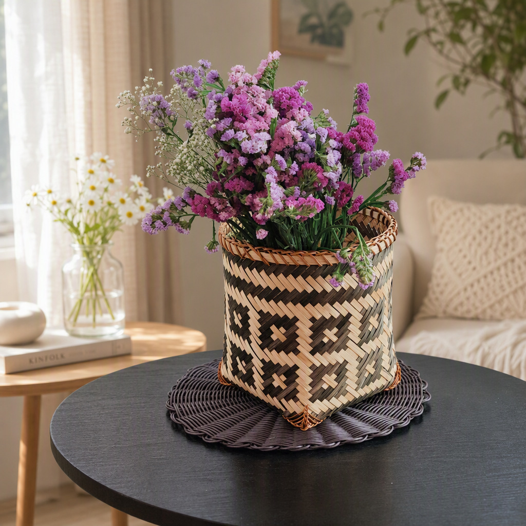 Cesta de Flores de Bambú Tejido Hecho a Mano Decorativo para Plantas y Decoración del Hogar