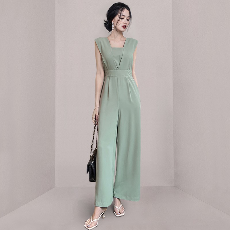 Mono de estilo coreano con cuello cuadrado, cintura entallada, efecto adelgazante, ropa de mujer transfronteriza, novedad de verano, pantalones anchos con bolsillos, elegante y con estilo.