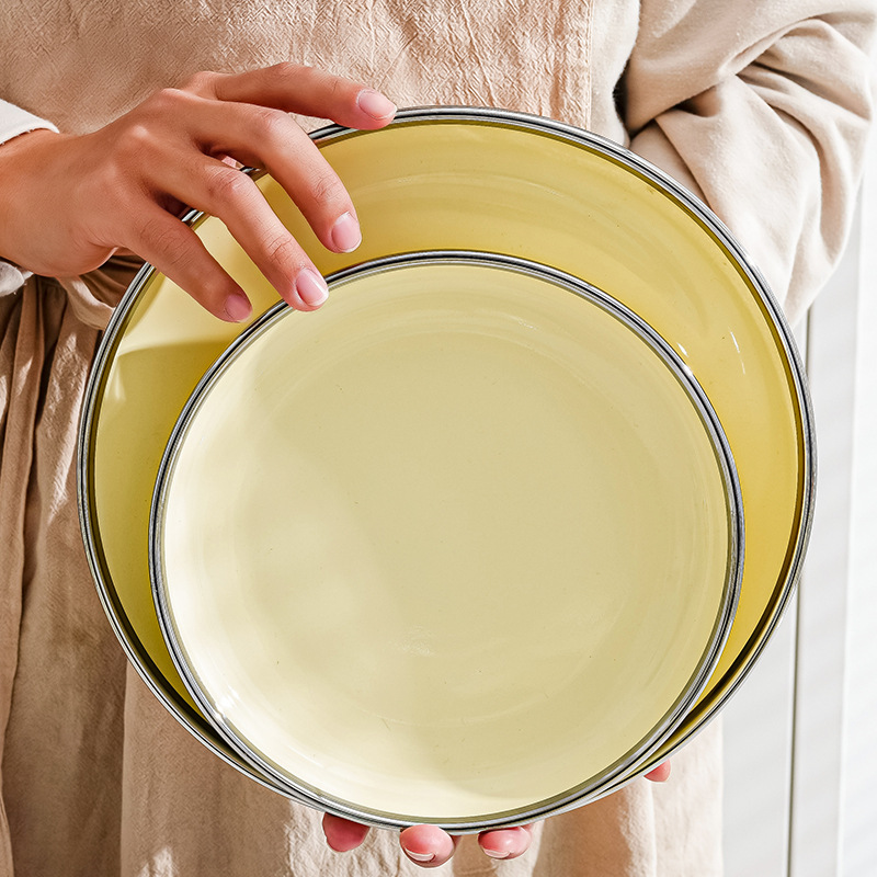 Tazón plato traje borde plateado plato de cerámica ins estilo crema amarillo hogar sopa tazón luz lujo inauguración traje de vajilla