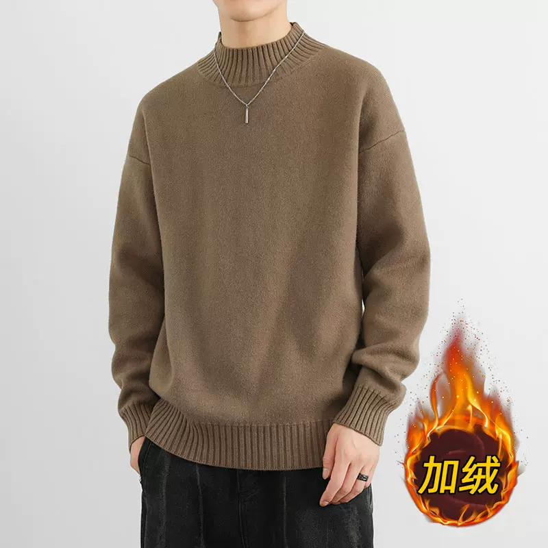 厂家直销半高领毛衣男加绒加厚一体绒卫衣秋冬季保暖毛线针织衫