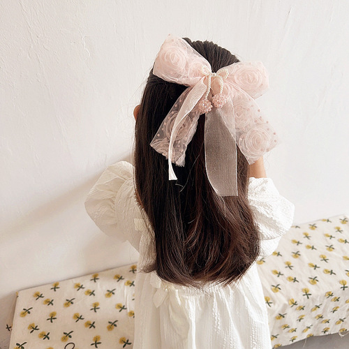 New princess style super fairy pink color children's floating point pearl crown bow pressure clip BB clip hair accessories