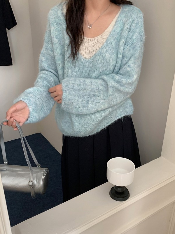 韩系假两件慵懒风针织上衣女时尚减龄拼色温柔软呼呼百搭套头毛衣|undefined