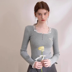 【オリジナルの仕事】西遇フランス風ロマンチックな甘さはレースの蝶結びのtシャツの女性2025春になります。