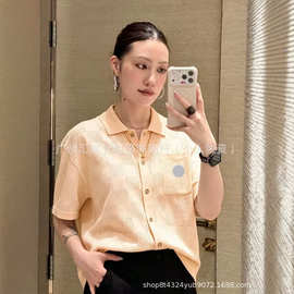 跨境天花板V家橙色棋盘格镂空针织短袖开衫T恤休闲宽松男女款短袖