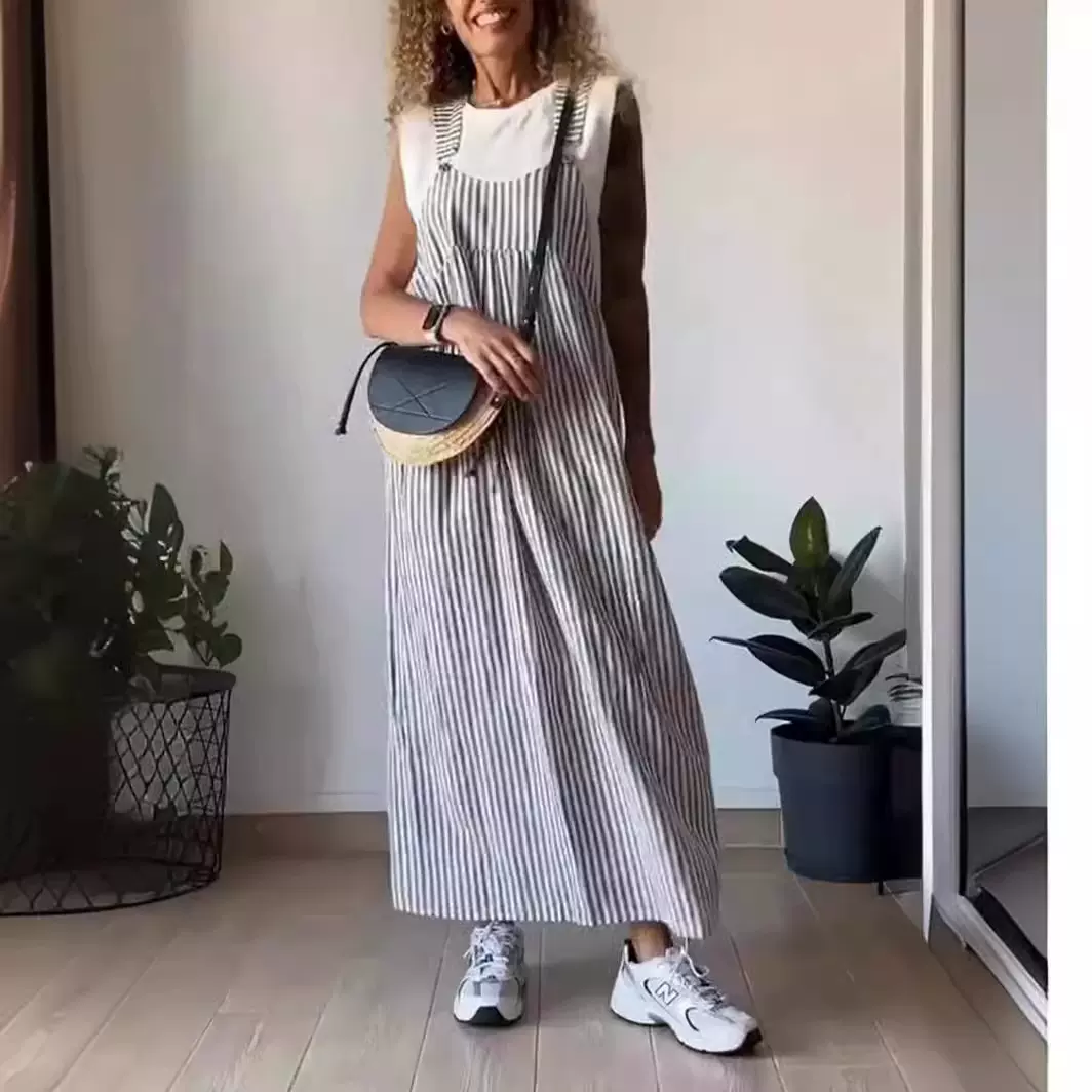 2024欧美跨境夏季新品 独立站速卖通女士时尚条纹背带连衣裙