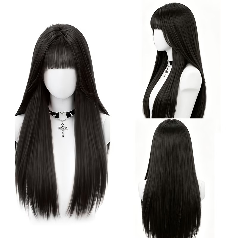 Women's full-head wig, black long straight wig, naturally fluffy, with full bangs, in stock, free labeling Women's full-head wig, black long straight wig, naturally fluffy, with full bangs, in stock, free labeling