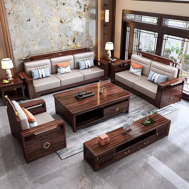 New Chinese-style ebony wood solid wood sofa set, suitable for both winter and summer, with storage function, for living rooms in various sizes, from small apartments to villas