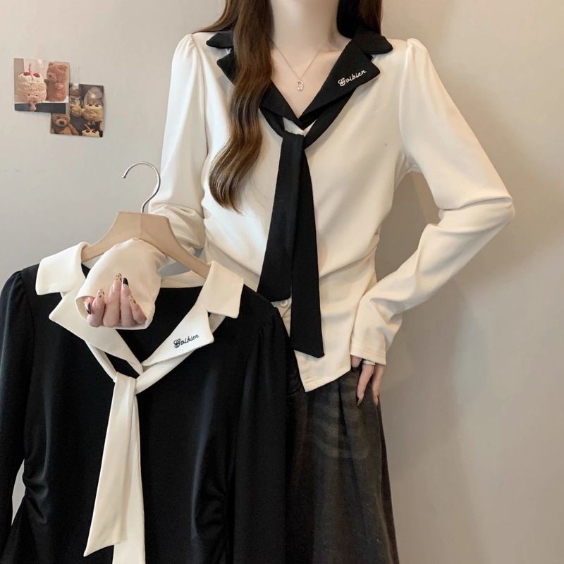 大码撞色正肩翻领长袖T恤女秋季2025新款胖mm修身显瘦遮肉上衣女|undefined