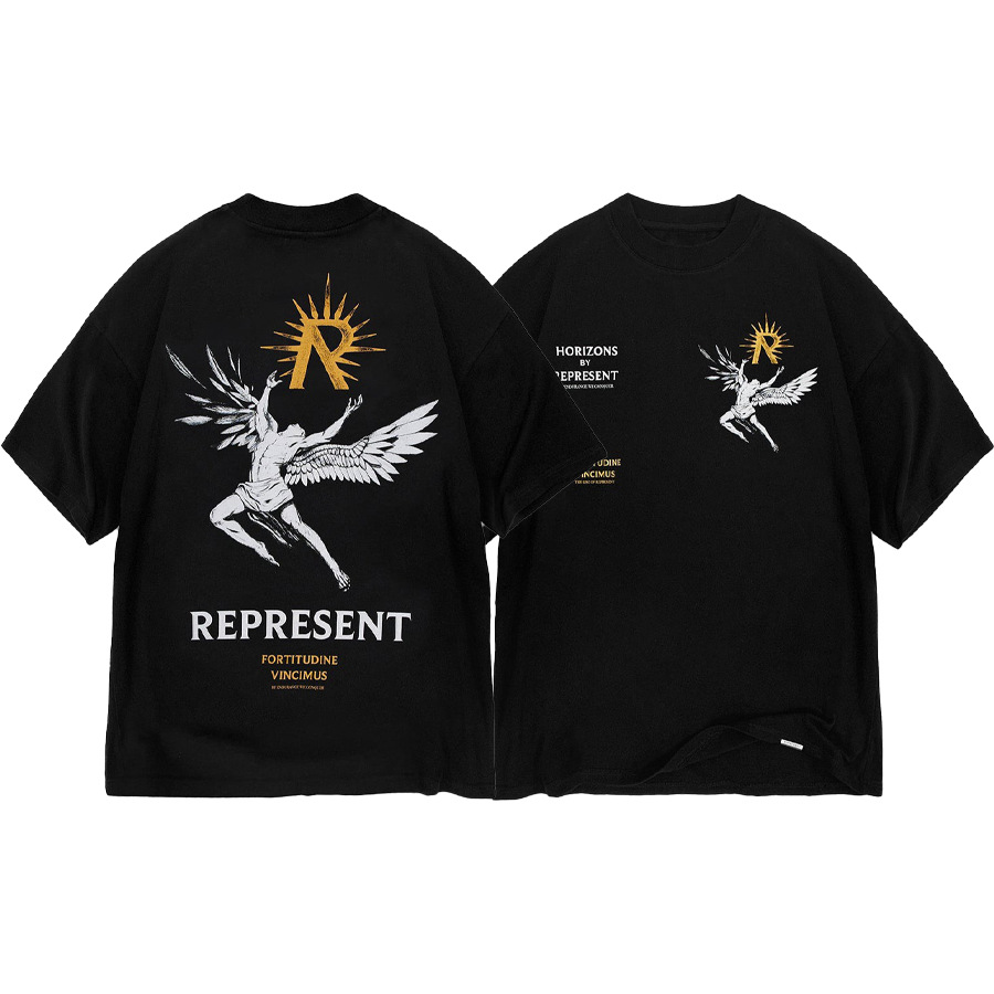 Marca de moda transfronteriza REPRESENT sol ala dios personaje lema logo hombre suelto casual camiseta de manga corta