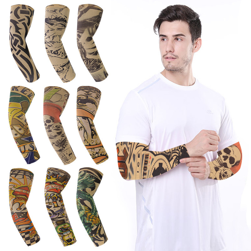 Cross-border Sunscreen Ice Silk Sleeves Outdoor Riding High Elastic Breathable Arm Bearings Artificial Flower Arm Tattoo Seamless Ice Sleeves