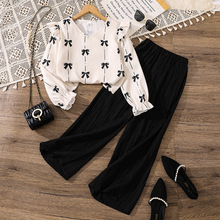 女童套装2025秋季新款洋气条纹蝴蝶结长袖上衣休闲气质长裤两件套