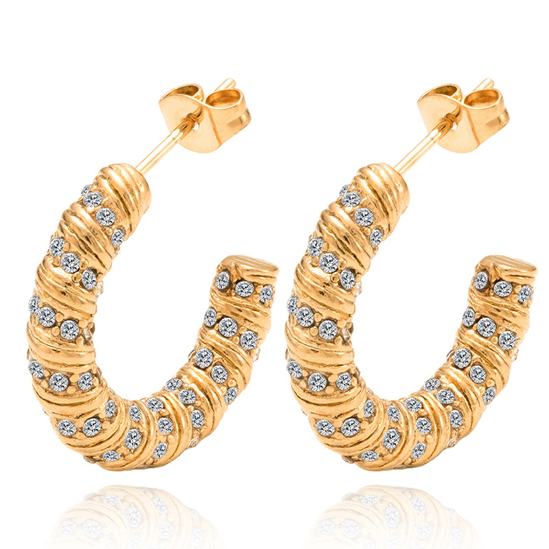 Transfronterizo nuevo acero inoxidable de 18K chapado en oro avanzados pendientes en forma de U europeo y americano estilo ins diamantes incrustados moda Luz de lujo pendientes de las mujeres