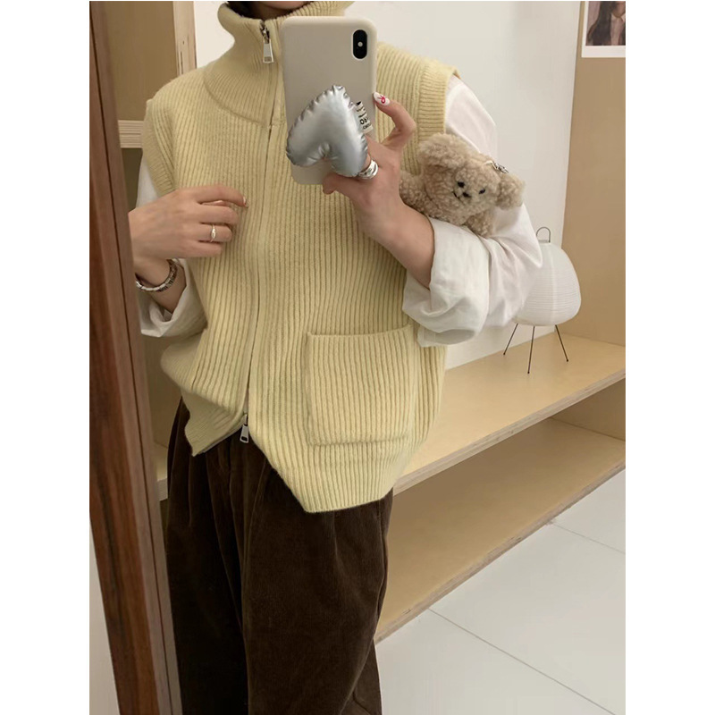 2025春秋新款韩系双拉链针织马甲女复古口袋翻领无袖背心毛衣外套|undefined