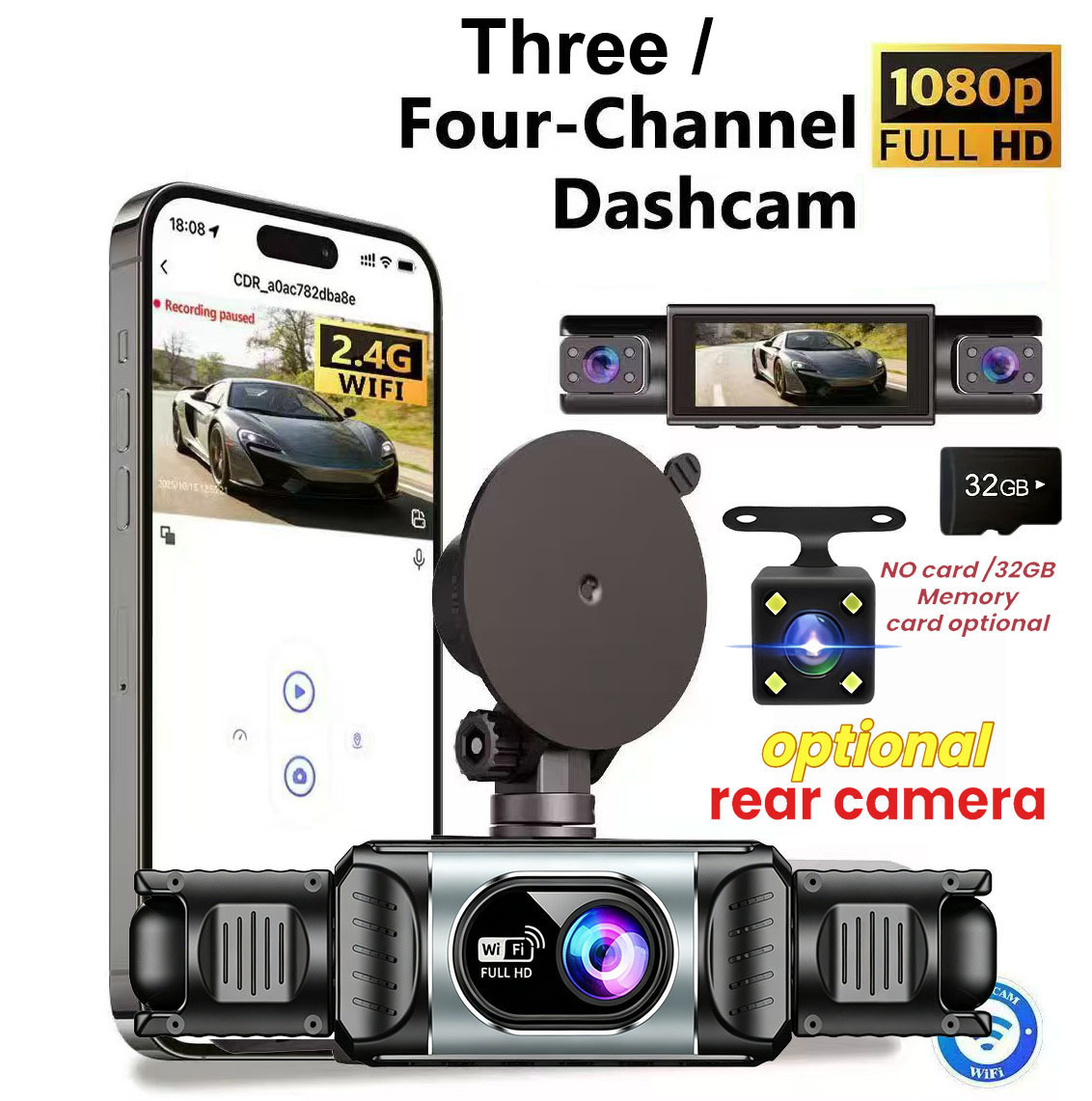 New three-camera dashcam with infrared night vision, WiFi mobile phone connectivity, and panoramic view for trucks and cars