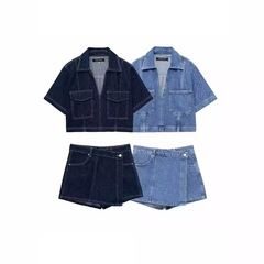 外国貿易リスト! 婦人服カジュアルポケット飾りデニムシャツ6164155非対称キュロット616413セット