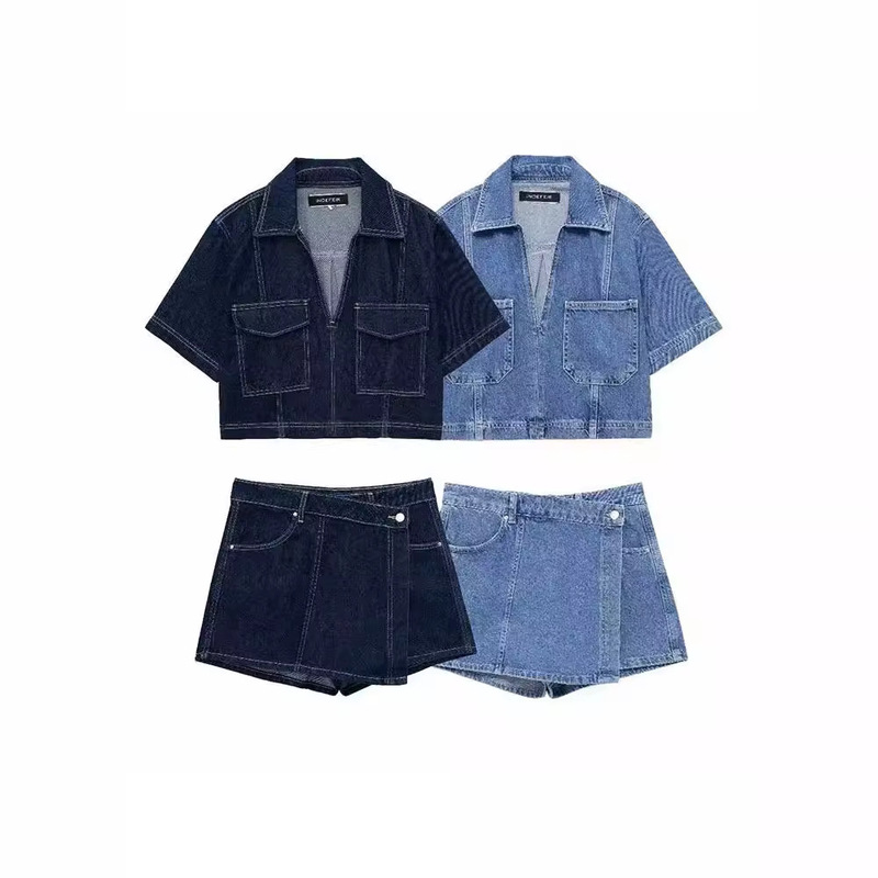 Foreign trade list! Women's Casual Pocket Denim Shirt 6164155 Asymmetrical Culottes 616413 suit