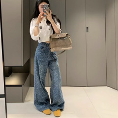 LO*WE蓝色印花复古牛仔裤女春秋高腰宽松直筒阔腿长裤子2025新款
