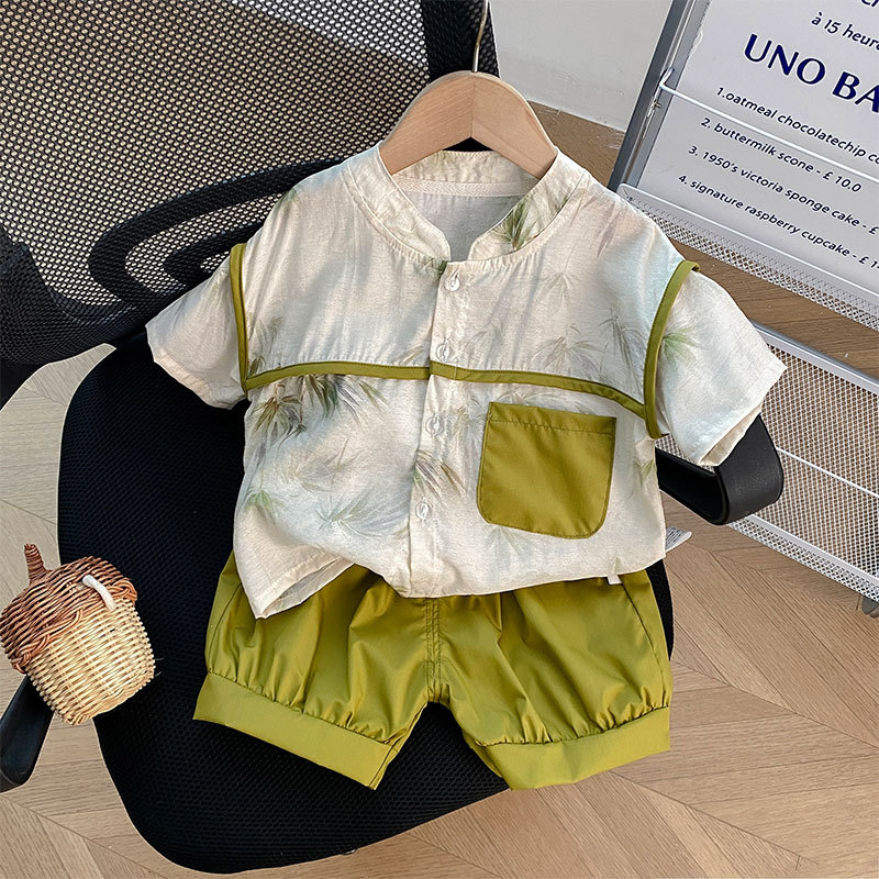 Children's Western Style Fashion Thin Loose Handsome Fashionable Kids Contrast Color Guofeng Bamboo Half Sleeve Green