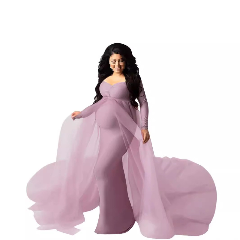 Spring and Summer Amazon AliExpress Hot Sale 2024 Mesh Stitching Crewneck Long Sleeve Mesh Pregnant Women's Long Dress White Cotton