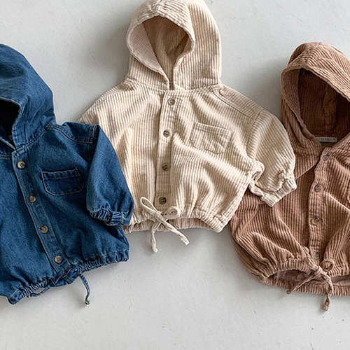 Korean style ins children's baby spring and autumn new cardigan fashionable hooded denim corduroy casual jacket