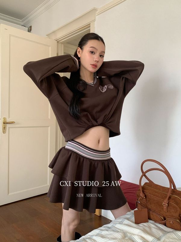 CXI 学院风休闲套装女秋季甜辣运动长袖卫衣修身显瘦蛋糕裙两件套|undefined