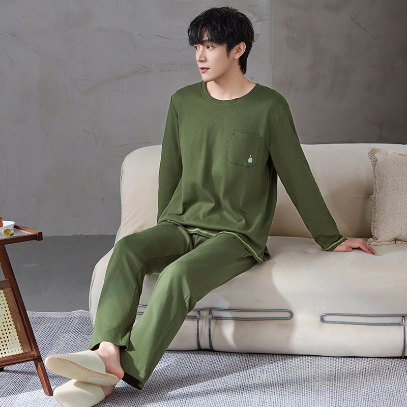 Pijamas de algodón de manga larga para hombres primavera y otoño ocio simple algodón 2024 nuevo conjunto de ropa de hogar de cuello redondo juvenil
