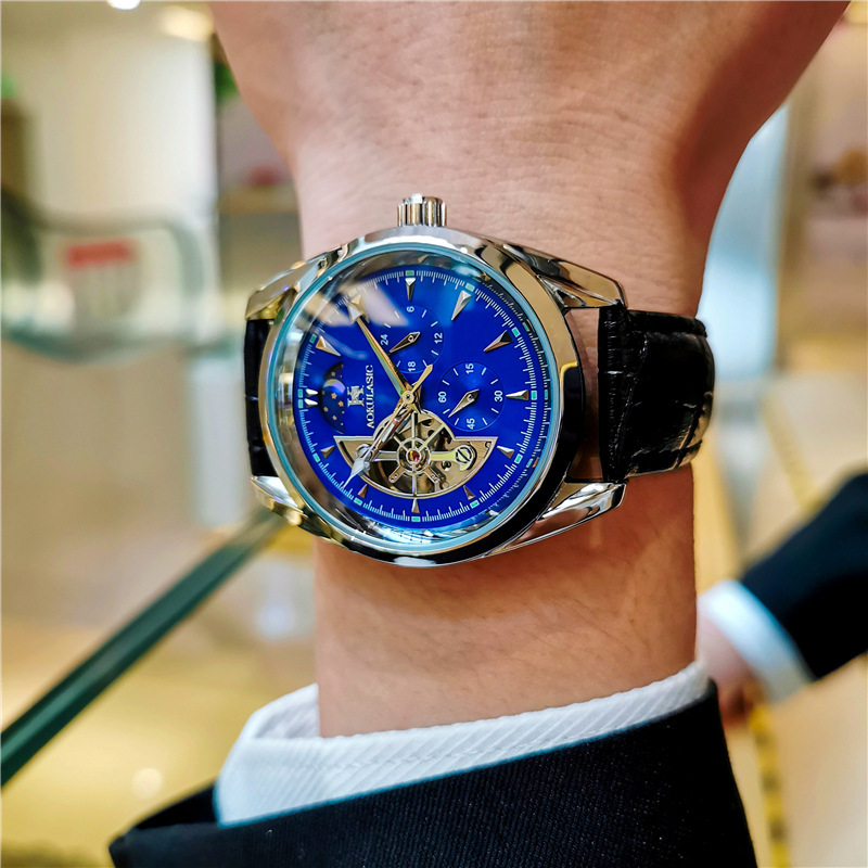 Ogulas hueco-hacia fuera gran volante automático reloj mecánico reloj de los hombres impermeable luminoso fase lunar reloj multifuncional 1781