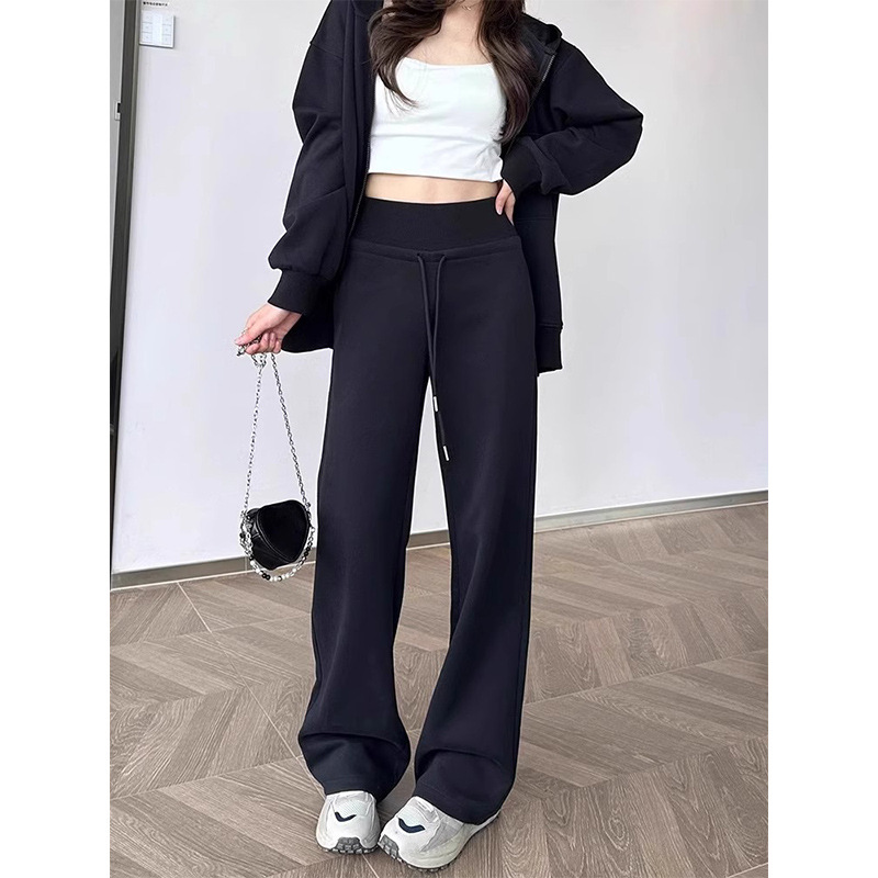 Este año, la popularidad de pantalones casuales sueltos bf perezosos, pantalones casuales de moda, pantalones de pierna ancha rectos negros, pantalones de caño para mujeres