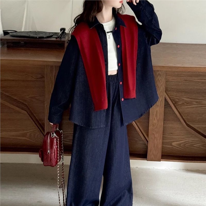 女童牛仔衬衫套装秋冬款2025新款儿童韩系穿搭洋气时尚中大童秋装