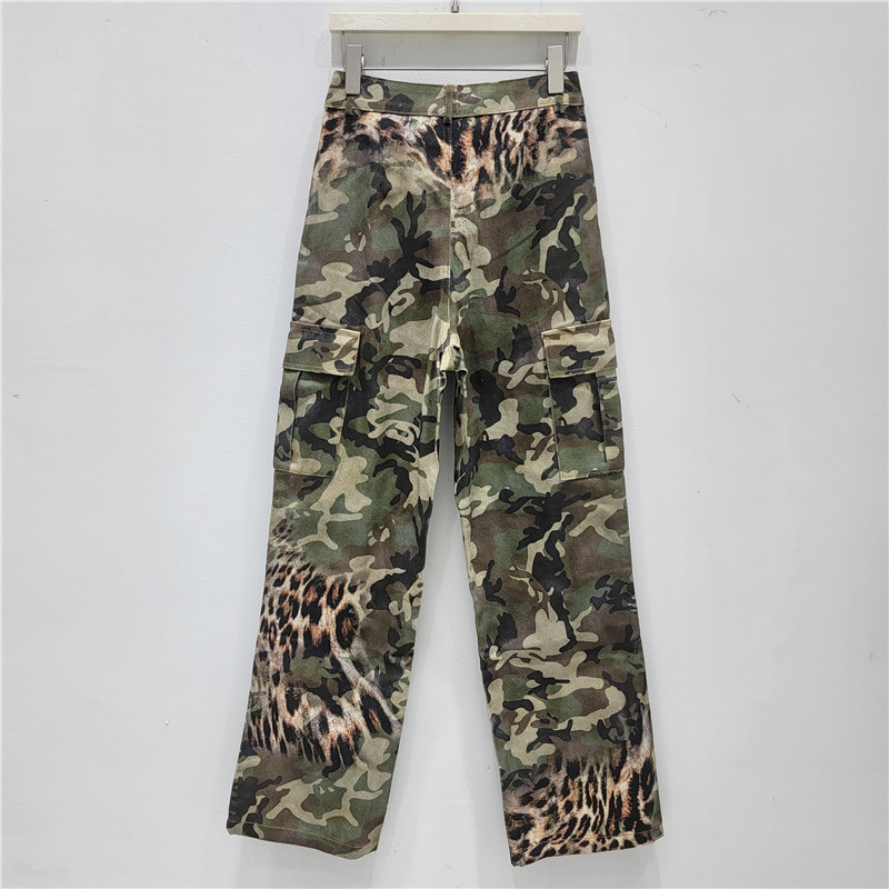 2026 primavera y verano nuevo estilo americano camuflado estampado de leopardo empalmado de bolsillo pantalones de trabajo sueltos delgados pantalones casuales rectos