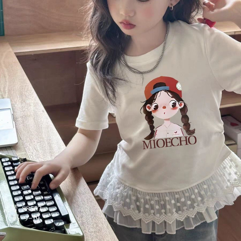 Women's Children's Wear Short-sleeved T-shirt Summer New Style Lace Stitching Half-sleeved Korean Style Western Style Top Base Shirt Cross-border Women's Children's Wear Short-sleeved T-shirt Summer New Style Lace Stitching Half-sleeved Korean Style Western Style Top Base Shirt Cross-border