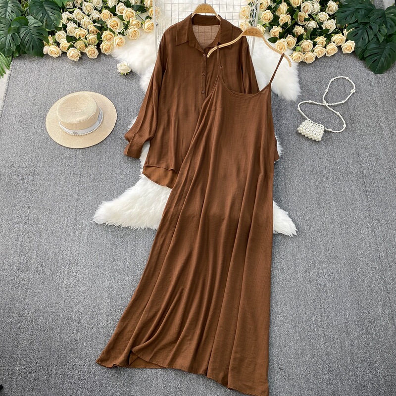 Lazy Style Casual Two-Piece Women's Loose Outer Wear Thin Long-Sleeved Shirt Flesh-Covering Slim Sling Dress