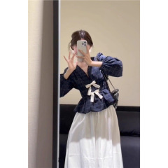 套装女2025秋季韩系温柔风V领长袖格纹衬衫上衣高腰半身裙两件套
